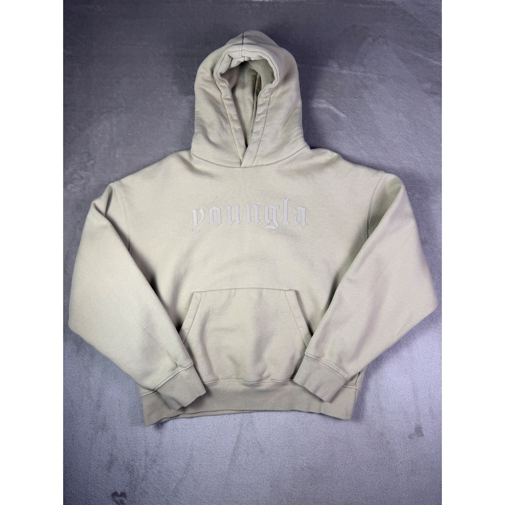 YoungLA 566 Old‎ English Hoodie Cream Tan Mens Size Small Puff Print Sweatshirt